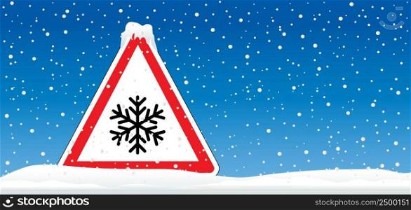 Caution, winter and snowfall. Beware very cold temperature signboard. Weather, thermometer or temperature indicate with snowflake. Freezing hazard sign. Very coldly and scorching. falling snow ball.