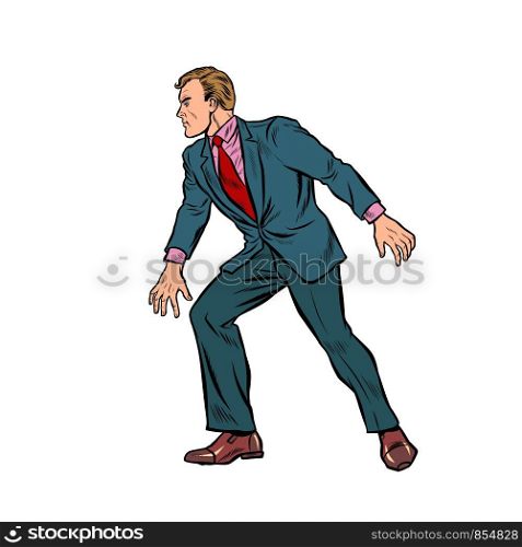 cautious businessman sneaks, takes a step. Pop art retro vector stock illustration drawing. cautious businessman sneaks, takes a step