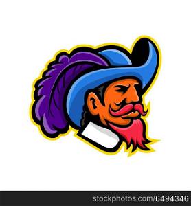 Cavalier Head Mascot. Mascot icon illustration of head of a musketeer or cavalier wearing a cavalier hat that is wide-brimmed and trimmed with an ostrich plume viewed from side on isolated background in retro style.. Cavalier Head Mascot