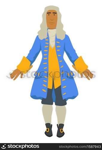 Cavalier, Rococo style, man in wig and stockings, jacket and vest vector. Ancient fashion, nobleman or lord in vintage outfit. Clothes with gold decor elements and leather boots, royal reception look. Rococo fashion style, nobleman in wig and jacket with stockings