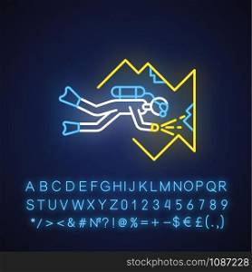 Cave diving neon light icon. Watersport, extreme kind of sport. Exploring undersea nature and wildlife.Glowing sign with alphabet, numbers and symbols. Vector isolated illustration