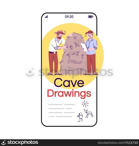 Cave drawings social media posts smartphone app screen. Mobile phone displays with cartoon characters design mockup. Archaeology. Caveman culture researching application telephone interface