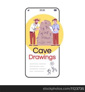 Cave drawings social media posts smartphone app screen. Mobile phone displays with cartoon characters design mockup. Archaeology. Caveman culture researching application telephone interface