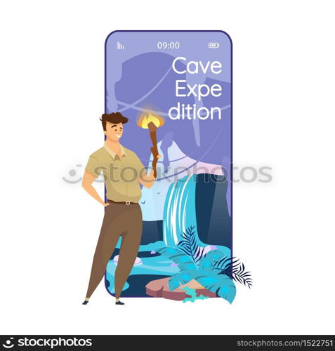 Cave expedition cartoon smartphone vector app screen. Trip to inside of mountain. Mobile phone displays with flat character design mockup. Cavern exploration application telephone cute interface