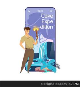 Cave expedition cartoon smartphone vector app screen. Trip to inside of mountain. Mobile phone displays with flat character design mockup. Cavern exploration application telephone cute interface