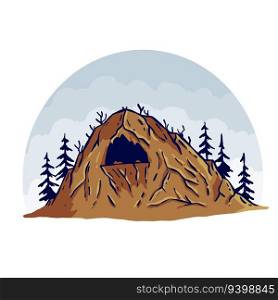 Cave in mountain with forest. Hand drawn cartoon illustration.. Cave in mountain in engraving style