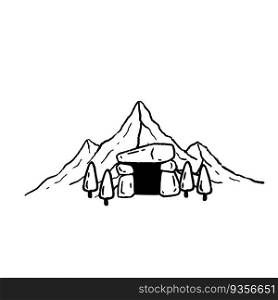 Cave in mountains. Entrance to dungeon. Fantasy location of mine. Outline cartoon hand drawn illustration for book and game. Cave in mountains. Entrance to dungeon