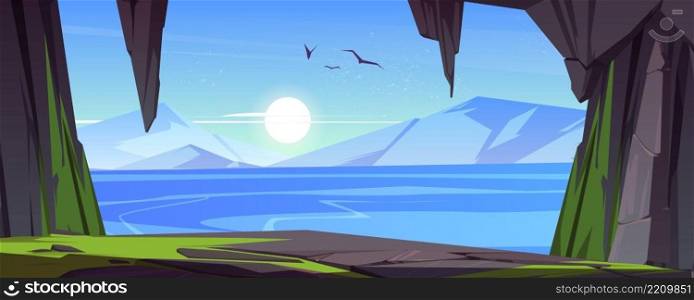 Cave in rock or stone arch with view to lake and mountains on horizon. Vector cartoon illustration of summer landscape of stone cavern entrance, sea, flying birds and sun in sky. Cave in rock with view to lake and mountains