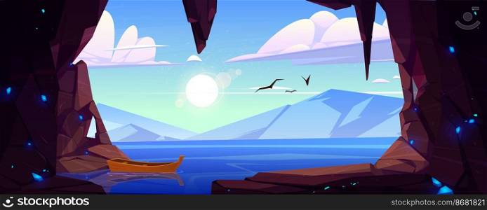 Cave in rock with blue crystals and view to lake and mountains on horizon. Vector cartoon landscape of stone cavern entrance, sea, wooden boat, flying birds, sun and clouds in sky. Cave with crystals and view to lake and mountains