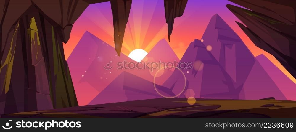 Cave or stone arch with view mountains and sunset. Vector cartoon illustration of summer landscape of rocks, ledge, cavern entrance with moss, high cliffs and mountain peaks at evening. Cave or stone arch with view mountains and sunset