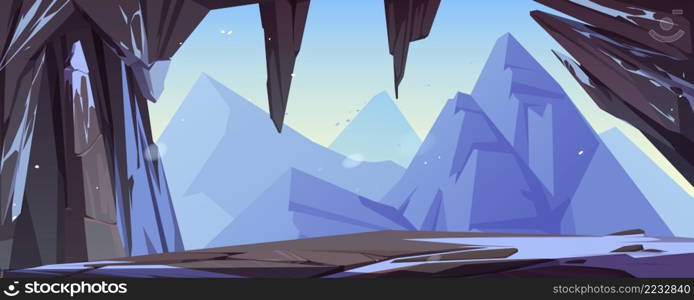 Cave or stone arch with view mountains. Vector cartoon illustration of winter landscape of rocks, ledge with snow, cavern entrance, high cliffs and ice peaks. Cave or stone arch with snow and view mountains