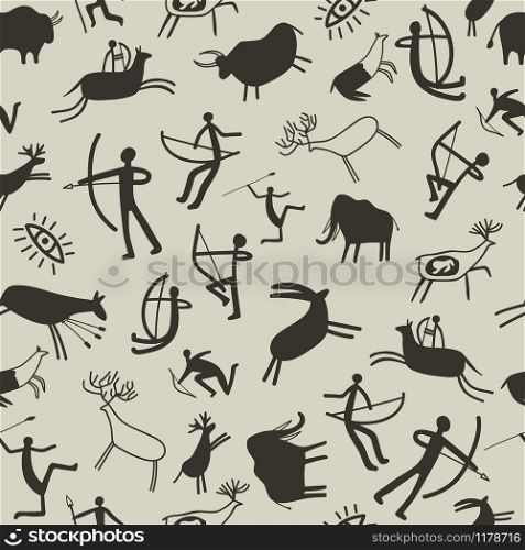 Cave painting background. Stone age rock painting seamless pattern with prehistoric animals and ancient hunters, vector cave drawing texture. Cave painting background