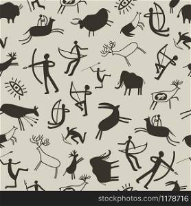 Cave painting background. Stone age rock painting seamless pattern with prehistoric animals and ancient hunters, vector cave drawing texture. Cave painting background