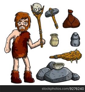 Cave primitive man and weapons. Set of items for hunting. Staff with skull, stone hammer, club. Cave primitive man and weapons.