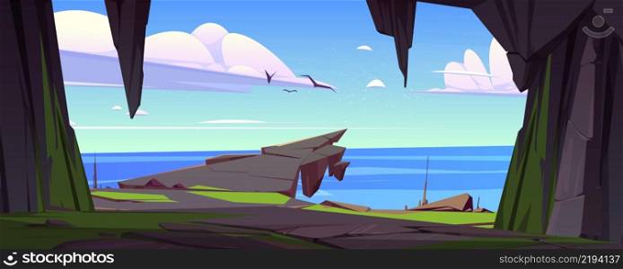 Cave seaview landscape, hole in mountain with rock cliff, ocean and gulls flying in blue sky. Cartoon tranquil nature background with hidden cavern and sea, summer travel landmark, Vector illustration. Cave sea landscape, hole in mountain, rock cliff