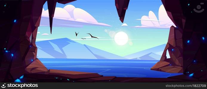 Cave seaview landscape, hole in rock with ocean, mountains and gulls flying in blue sky. Grotto, hidden underground cavern, beautiful summer nature, sea hollow background, Cartoon vector illustration. Cave seaview landscape, hole in rock ocean view