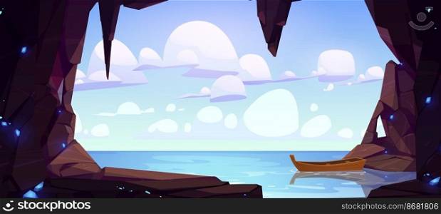 Cave seaview landscape with lonely wood boat float on water surface. Hole in rock with ocean, mountains and clouds in blue clear sky, hidden underground cavern with sparks, Cartoon vector illustration. Cave seaview landscape with lonely wood boat.