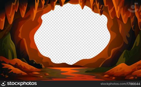 Cave vector background, cartoon cave landscape with a blank center for text Vector illustration in flat cartoon style.. Cave vector background, cartoon cave landscape with a blank center for text Vector illustration in flat cartoon style