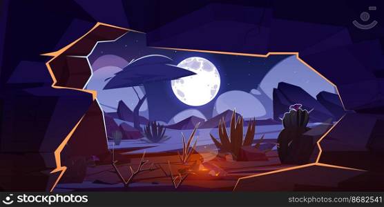 Cave with bonfire and night desert landscape. Hole in rock with view of cacti and tree silhouettes under full moon in starry sky. Hidden cavern, african or mexican nature, Cartoon vector illustration. Cave with bonfire and night desert landscape.