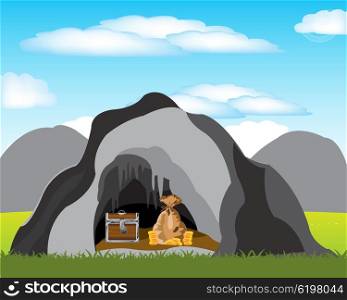 Cave with treasure. The Bonanza hidden in cave in mountain.Vector illustration