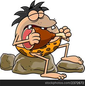 Caveman Cartoon Character Eating Meat. Vector Hand Drawn Illustration Isolated On White Background
