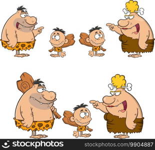 Caveman Cartoon Characters. Vector Collection Set Isolated On White Background