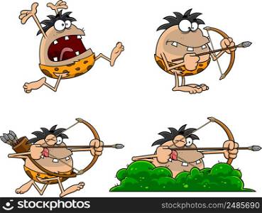 Caveman Cartoon Characters. Vector Hand Drawn Collection Set Isolated On White Background