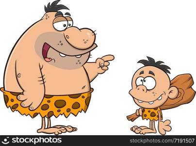 Caveman Father Talking To Caveman Boy. Vector Illustration Isolated On White Background
