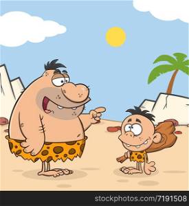 Caveman Father Talking To Caveman Boy. Vector Illustration With Background