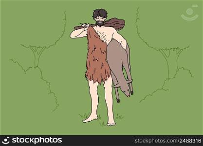Caveman from stone age in traditional tribe clothing hold prey in hands. Primitive archaic man with cudgel. Tribal times. Flat vector illustration, cartoon character. . Caveman in tribe clothing hold prey