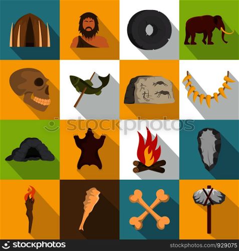 Caveman icons set. Flat illustration of 16 caveman vector icons for web. Caveman icons set, flat style