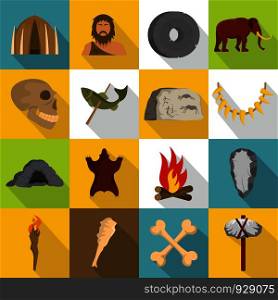 Caveman icons set. Flat illustration of 16 caveman vector icons for web. Caveman icons set, flat style