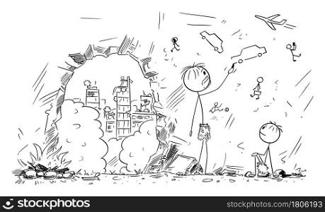 Caveman or man in cave after human civilization collapse drawing cars on the rock, vector cartoon stick figure or character illustration.. Man in Cave After Human Civilization Collapse Drawing Cars on the rock, Vector Cartoon Stick Figure Illustration