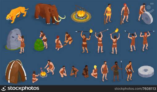 Caveman prehistoric primitive people set of isolated human characters armed with pikes wild animals and bonfire vector illustration. Primitive People Isometric Set