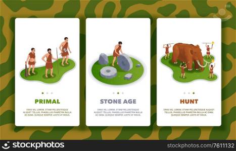 Caveman prehistoric primitive people set of three vertical banners with text page switches and life images vector illustration