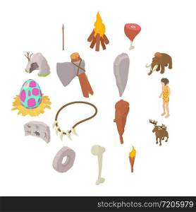 cavemen human icons set. Isometric illustration of 16 caveman vector icons for web. Cavemen human icons set, isometric style