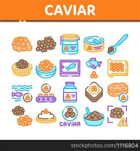 Caviar Seafood Product Collection Icons Set Vector Thin Line. Fish Eggs, Caviar In Metallic Container, On Sandwich With Butter And Spoon Concept Linear Pictograms. Color Contour Illustrations. Caviar Seafood Product Collection Icons Set Vector