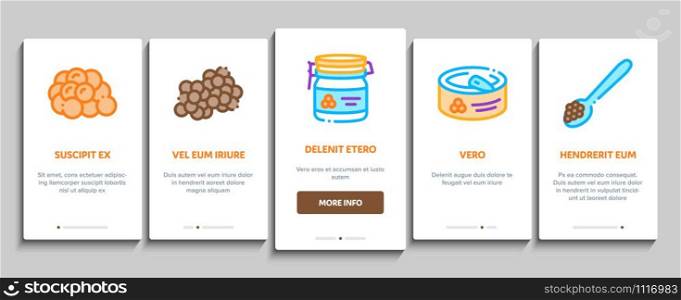 Caviar Seafood Product Onboarding Mobile App Page Screen. Fish Eggs, Caviar In Metallic Container, On Sandwich With Butter And Spoon Concept Illustrations. Caviar Seafood Product Onboarding Elements Icons Set Vector