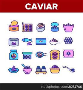 Caviar Tasty Seafood Collection Icons Set Vector Thin Line. Fish Eggs, Caviar In Metallic Container And Bottle, On Bread Piece And Sushi Concept Linear Pictograms. Color Contour Illustrations. Caviar Tasty Seafood Collection Icons Set Vector