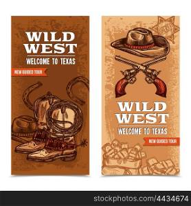 Cawboy Wild West Vertical Banners. Wild west vertical banners with cowboy accessories and crossed pistols on template background hand drawn vector illustration