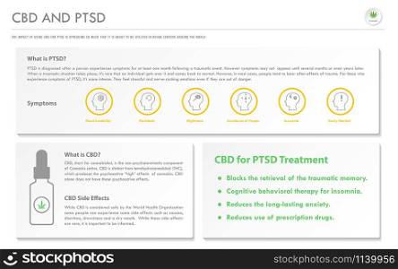 CBD and PTSD horizontal business infographic illustration about cannabis as herbal alternative medicine and chemical therapy, healthcare and medical science vector.