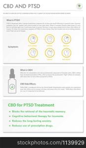 CBD and PTSD vertical business infographic illustration about cannabis as herbal alternative medicine and chemical therapy, healthcare and medical science vector.