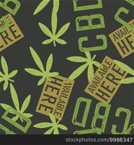 CBD labels and hemp leaves seamless pattern. Hemp products theme vector background