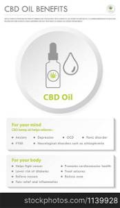 CBD Oil Benefits vertical business infographic illustration about cannabis as herbal alternative medicine and chemical therapy, healthcare and medical science vector.
