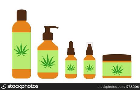 CBD oil cosmetic products in different bottles. Natural hemp cosmetic for skin and hair isolated on white background. Vector flat illustration.. CBD oil cosmetic products in different bottles. Natural hemp cosmetic for skin and hair isolated on white background. Vector flat illustration