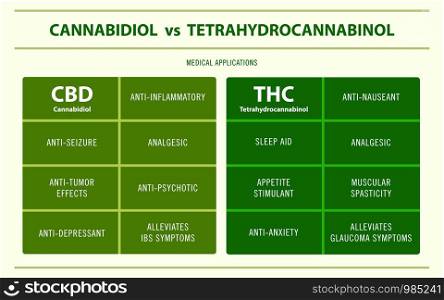 CBD vs THC Medical Applications horizontal infographic illustration about cannabis as herbal alternative medicine and chemical therapy, healthcare and medical science vector.