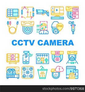 Cctv Camera Security Collection Icons Set Vector. Cctv Camera And Cable, Computer Monitor And Face Identification, Video Recorder And Switcher Concept Linear Pictograms. Contour Color Illustrations. Cctv Camera Security Collection Icons Set Vector
