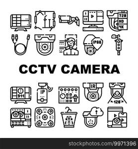 Cctv Camera Security Collection Icons Set Vector. Cctv Camera And Cable, Computer Monitor And Face Identification, Video Recorder And Switcher Black Contour Illustrations. Cctv Camera Security Collection Icons Set Vector