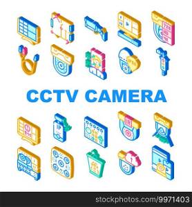 Cctv Camera Security Collection Icons Set Vector. Cctv Camera And Cable, Computer Monitor And Face Identification, Video Recorder And Switcher Isometric Sign Color Illustrations. Cctv Camera Security Collection Icons Set Vector