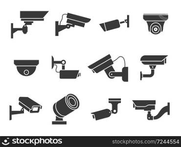 Cctv icons. Security camera, guard equipment video surveillance for street, home and building, private and industry observe warning crime, digital safety vector signs. Cctv icons. Security camera, guard equipment video surveillance, private and industry observe warning crime, digital safety vector signs